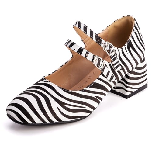 Pumps Damen Mary Jane Blockabsatz Doppelriemen Lackleder Pumps Quadratspitze Abendschuhe Für Büro Und Tägliches Tragen Weich Bequem,Zebra Print,50 EU von MiaZane