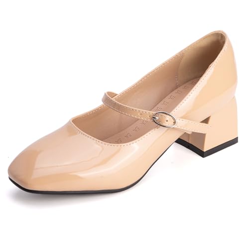 Pumps Damen Mary Jane Knöchelriemen Blockabsatz Geschlossene Spitze Riemen Pumps Quadratspitze Abendschuhe Für Büro Und Formelle Anlässe,Apricot,44 EU von MiaZane