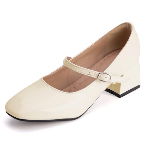 Pumps Damen Mary Jane Knöchelriemen Blockabsatz Geschlossene Spitze Riemen Pumps Quadratspitze Abendschuhe Für Büro Und Formelle Anlässe,Beige,43 EU von MiaZane