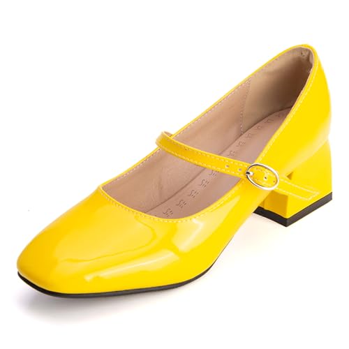 Pumps Damen Mary Jane Knöchelriemen Blockabsatz Geschlossene Spitze Riemen Pumps Quadratspitze Abendschuhe Für Büro Und Formelle Anlässe,Gelb,38 EU von MiaZane