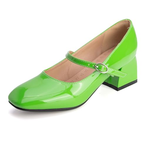 Pumps Damen Mary Jane Knöchelriemen Blockabsatz Geschlossene Spitze Riemen Pumps Quadratspitze Abendschuhe Für Büro Und Formelle Anlässe,Grün,49 EU von MiaZane
