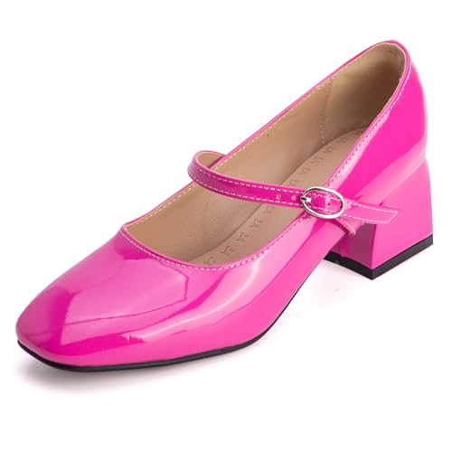 Pumps Damen Mary Jane Knöchelriemen Blockabsatz Geschlossene Spitze Riemen Pumps Quadratspitze Abendschuhe Für Büro Und Formelle Anlässe,Hot pink,34 EU von MiaZane