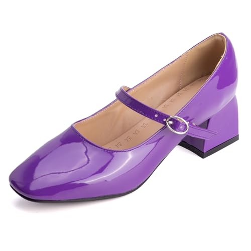 Pumps Damen Mary Jane Knöchelriemen Blockabsatz Geschlossene Spitze Riemen Pumps Quadratspitze Abendschuhe Für Büro Und Formelle Anlässe,Lila,47 EU von MiaZane