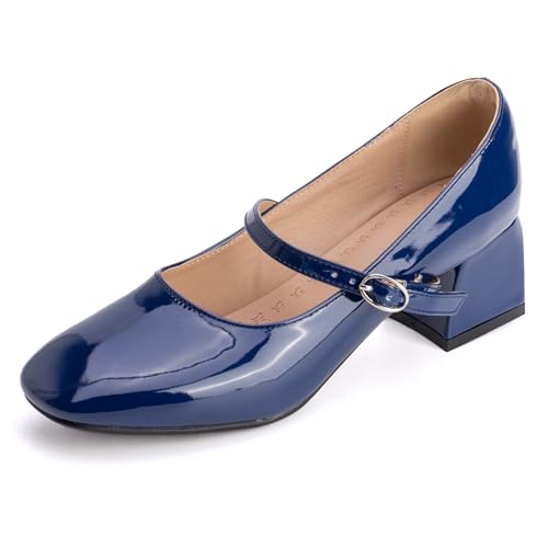 Pumps Damen Mary Jane Knöchelriemen Blockabsatz Geschlossene Spitze Riemen Pumps Quadratspitze Abendschuhe Für Büro Und Formelle Anlässe,Navy Blue,51 EU von MiaZane