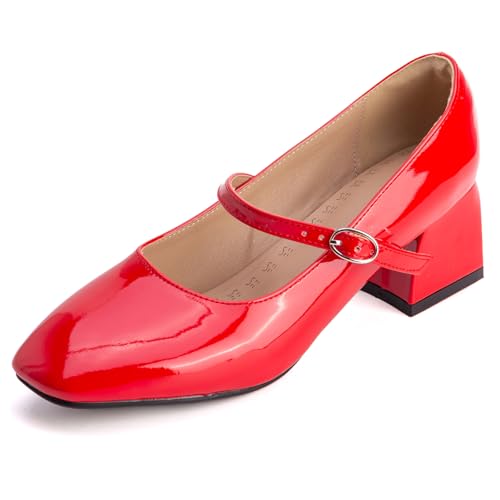 Pumps Damen Mary Jane Knöchelriemen Blockabsatz Geschlossene Spitze Riemen Pumps Quadratspitze Abendschuhe Für Büro Und Formelle Anlässe,Rot,35 EU von MiaZane