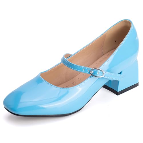 Pumps Damen Mary Jane Knöchelriemen Blockabsatz Geschlossene Spitze Riemen Pumps Quadratspitze Abendschuhe Für Büro Und Formelle Anlässe,Sky Blue,47 EU von MiaZane