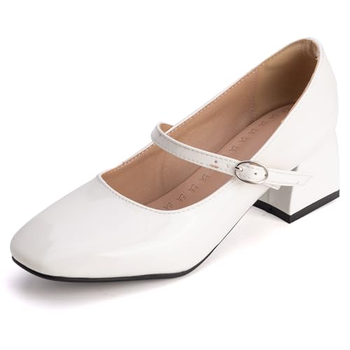 Pumps Damen Mary Jane Knöchelriemen Blockabsatz Geschlossene Spitze Riemen Pumps Quadratspitze Abendschuhe Für Büro Und Formelle Anlässe,Weiß,42 EU von MiaZane