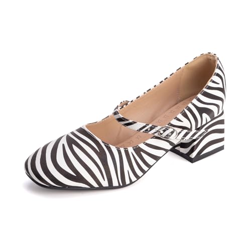 Pumps Damen Mary Jane Knöchelriemen Blockabsatz Geschlossene Spitze Riemen Pumps Quadratspitze Abendschuhe Für Büro Und Formelle Anlässe,Zebra Print,51 EU von MiaZane