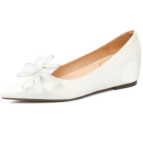 Pumps Damen Spitz Zehen Ballettschuhe Versteckter Keil Mit Schleife Schlupf Pumps Satin Keilabsatz Hochzeits Abendschuhe Für Arbeit Und Tägliches Tragen,Weiß,39 EU von MiaZane