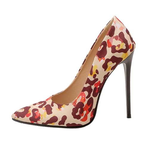 Pumps Damen Stöckelabsatz High Heels Modische Absatzschuhe Glänzend Sexy Spitze Zehen Klassisch Sexy Hochzeits Pumps Für Formelle Anlässe Und Büro Große Größen,Patterned apricot,52 EU von Generic