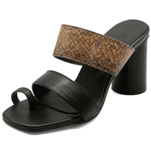 Sandalen Damen Blockabsatz Mit Schlangenmuster Band Kreuzriemen Trendig Quadratspitze Offen Geteilter Zeh Ring Sommerliche Elegante Schlupfsandalen Mit Rutschfester Gummisohle,Schwarz,39 EU von MiaZane