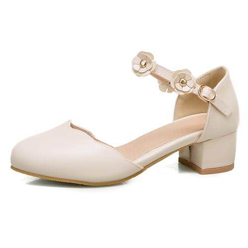 Sandalen Damen Blumenmuster Knöchelriemen Runde Zehe Abendschuhe Damen Niedriger Absatz Pumps Blockabsatz Lochdesign Für Geburtstag Und Tägliches Tragen,Beige,36 EU von MiaZane