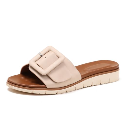 Sandalen Damen Casual Schlupf Keilabsatz Kreuzriemen Flip Flop Schlupfsandalen Schnallen Detail Für Strandurlaub Und Täglichen Gebrauch Weiches Obermaterial,Almond,38 EU von MiaZane