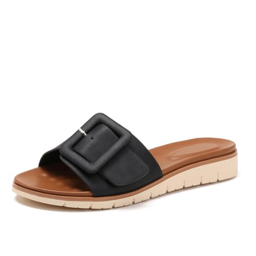 Sandalen Damen Casual Schlupf Keilabsatz Kreuzriemen Flip Flop Schlupfsandalen Schnallen Detail Für Strandurlaub Und Täglichen Gebrauch Weiches Obermaterial,Schwarz,41 EU von MiaZane