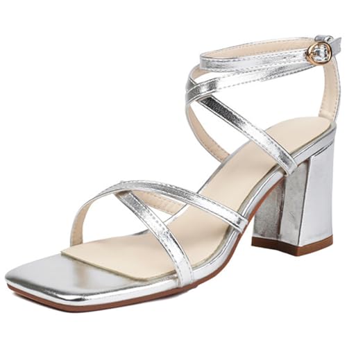 Sandalen Damen Dicker Blockabsatz Knöchelrieme Abendschuhe Quadratische Spitze Mit Kreuzriemen Design Für Cocktailparty Urlaub,Silber,39 EU von MiaZane