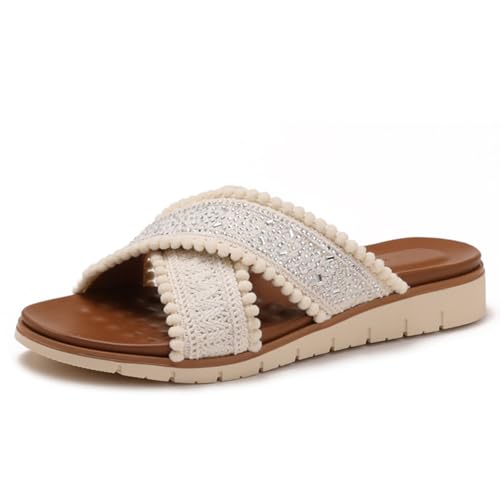 Sandalen Damen Häkeln Schlupf Keilabsatz Strass Kreuzriemen Sandalen zum Schlüpfen Rückenlos Pantoffeln Pompon Trim Für Strandurlaub Und Stadtbummel Schlupf Hausschuhe,Beige,36 EU von MiaZane