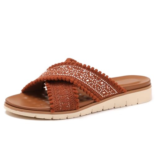 Sandalen Damen Häkeln Schlupf Keilabsatz Strass Kreuzriemen Sandalen zum Schlüpfen Rückenlos Pantoffeln Pompon Trim Für Strandurlaub Und Stadtbummel Schlupf Hausschuhe,Braun,38 EU von MiaZane