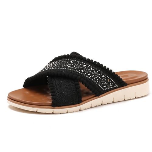Sandalen Damen Häkeln Schlupf Keilabsatz Strass Kreuzriemen Sandalen zum Schlüpfen Rückenlos Pantoffeln Pompon Trim Für Strandurlaub Und Stadtbummel Schlupf Hausschuhe,Schwarz,41 EU von MiaZane