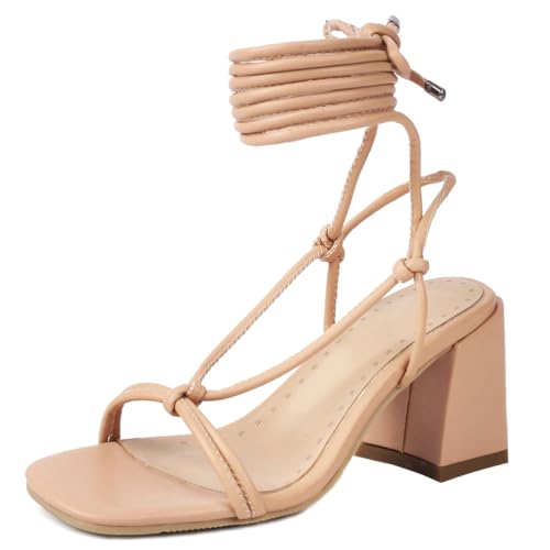 Sandalen Damen Mit Schnürung Blockabsatz Breiter Absatz Quadratische Spitze Knöchelriemen Abendschuhe Für Abend Sommer Und Feier,Apricot,43 EU von MiaZane