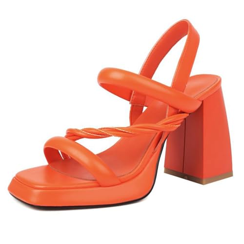 Sandalen Mit Blockabsatz Damen Knöchelriemen Mit Schnalle Quadratische Offene Spitze Plateau Abendsandalen Mit Absatz Für Cocktailpartys Und Urlaub,Orange,37 EU von MiaZane