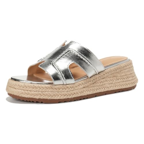 Sandalen Plateform Espadrilles Damen Geflochtene Peep Toe Slides Aus Strukturiertem Leder Mit H Riemen Geflochtener Jute Sohle Für Tägliche Spaziergänge Und Sommerreisen,Silber,37 EU von MiaZane