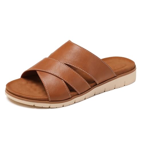 Schlupfsandalen Damen Keilabsatz Schlupf Römischer Stil Hausschuhe Für Reisen Und Strand Gepolsterte Komfortsohle Sommerliche Elegante Flache Sandalen,Braun,38 EU von MiaZane
