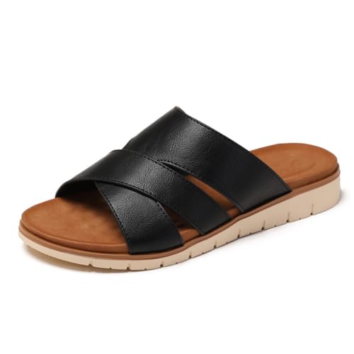 Schlupfsandalen Damen Keilabsatz Schlupf Römischer Stil Hausschuhe Für Reisen Und Strand Gepolsterte Komfortsohle Sommerliche Elegante Flache Sandalen,Schwarz,38 EU von MiaZane