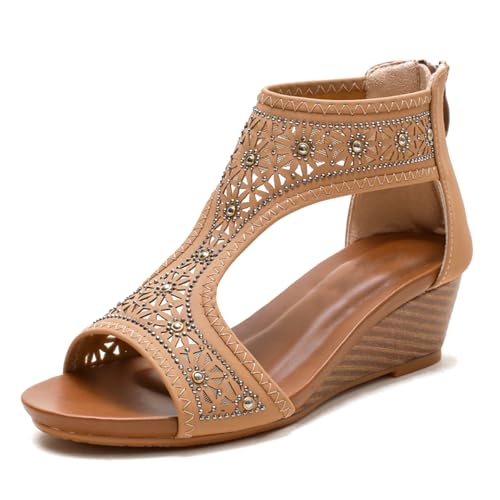 Studded Keilabsatz Sandalen Für Damen Chunky Keilabsatz Rhinestone Gladiator Sandalen Mit Rutschfester Sohle Und Hinterem Reißverschluss Für Sommerurlaub Und Strandspaziergang,Apricot,41 EU von MiaZane