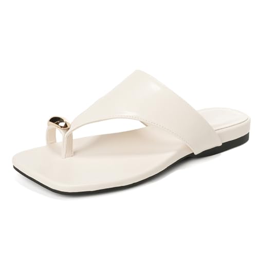 Zehensteg Sandalen Damen Freizeit Flip Flops Flache Sandalen Quadratische Zehe Schlupf Slides rutschfeste Sommer Strand Hausschuhe Für Tägliches Tragen,Almond,39 EU von MiaZane