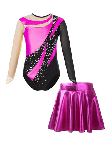 Miaeowve Akrobatik Anzug Mädchen Mit Rock Kinder Metallic Tanzkleidung Langarm Strass Glitzer Sportbody Patchwork Trikot Mit Cut Out Wettbewerb Tanzkostüm Hot Pink 158-164 von Miaeowve