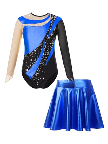 Miaeowve Akrobatik Anzug Mädchen Mit Rock Kinder Metallic Gymnastikanzug Langarm Ballettbody Strass Glitzer Turntrikot Wettbewerb Tanzkostüm Königsblau 146-152 von Miaeowve