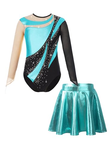 Miaeowve Akrobatik Anzug Mädchen Mit Rock Kinder Metallic Gymnastikanzug Langarm Ballettbody Strass Glitzer Turntrikot Wettbewerb Tanzkostüm Türkis 158-164 von Miaeowve