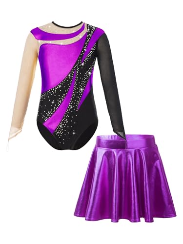 Miaeowve Akrobatik Anzug Mädchen Mit Rock Kinder Metallic Gymnastikanzug Langarm Ballettbody Strass Glitzer Turntrikot Wettbewerb Tanzkostüm Violett 146-152 von Miaeowve