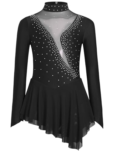 Miaeowve Akrobatik Kleid Mädchen Langarm Eislaufkleid Strass Glitzer Rollschuhkleid Mesh Patchwork Ballettkleid Mit Asymetrisch Rock Dancewear Schwarz 122-128 von Miaeowve