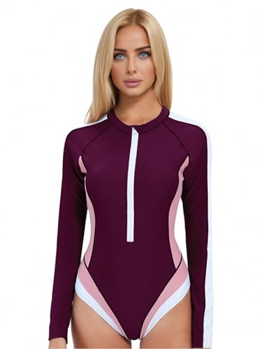 Miaeowve Badeanzug Damen Sport Langarm Bademode High Neck Surfanzug Schwimmanzug Mit Reißverschluss Strandmode Burgund&Rosa 3XL von Miaeowve