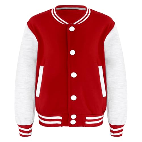 Miaeowve Baseballjacke Kinder Junge Mädchen Langarm College Jacke Streifen Patchwork Sportjacke Stehkragen Sweatjacke Streetwear Rot&Grau 122-128 von Miaeowve