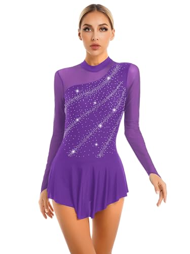 Miaeowve Rollkunstlauf Kleid Damen Strass Glitzer Ballettkleid Langarm Eiskunstlauf Trainingskleid Schlittschuhkleid Tanzkostüm Violett XXL von Miaeowve