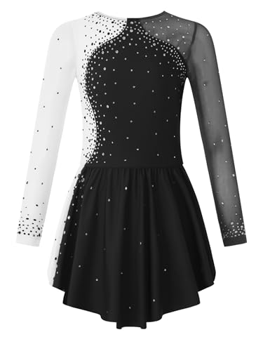 Miaeowve Eiskunstlauf Kleid Mädchen Glitzer Kinder Langarm Ballettkleid Mit Strass Farbblock Patchwork Trainingskleid Rollkunstlauf Standard Kostüm Schwarz 122-128 von Miaeowve