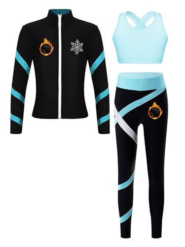 Miaeowve Eiskunstlauf Thermo Anzug Mädchen Fleecejacke + Sport BH + Streifen Eislaufhose 3tlg Sportbekleidung Gr. 110-170 Hellblau 122-128 von Miaeowve