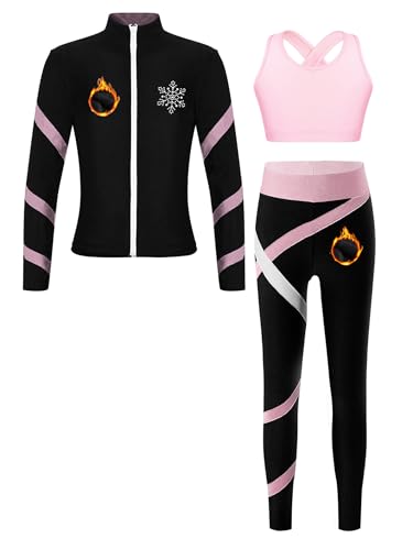 Miaeowve Eiskunstlauf Thermo Anzug Mädchen Fleecejacke + Sport BH + Streifen Eislaufhose 3tlg Sportbekleidung Gr. 110-170 Rosa 122-128 von Miaeowve