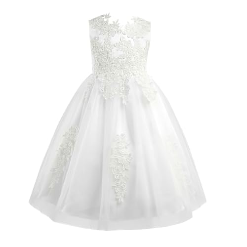 Miaeowve Festliches Kleid Mädchen Hochzeit Kinder Blumenmädchenkleid Ärmellos Spitzenkleid A Linien Sommerkleid Mit Blumenstickerei Elfenbein 98 von Miaeowve