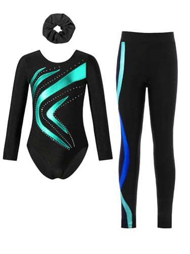 Miaeowve Gymnastik Anzug Kinder Mädchen Mit Hose Haarband Strass Glitzer Tanzanzug Langarm Ballettanzug Turnanzug Gymnastikhose Turnhose Dancewear Blau Grün 134-140 von Miaeowve
