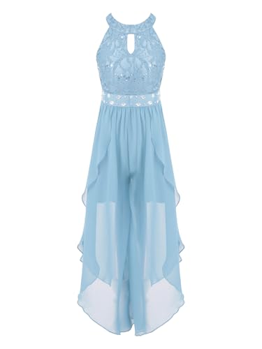 Miaeowve Jumpsuit Kleid Mädchen Lang Kinder Festlich Hochzeit Overall Ärmellos Chiffon Kleid Lang Cocktailkleid Mit Glitzer Pailletten Und Perlen Himmelblau 146-152 von Miaeowve