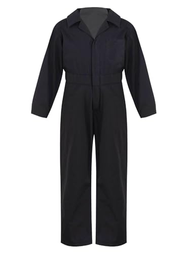 Miaeowve Kinder Arbeitsoverall Jungen Mädchen Langarm Jumpsuit Reverskragen Schutzanzug Lang Arbeitshose Latzhose Kesselanzug Für 5-16 Jahre Schwarz 146-152 von Miaeowve