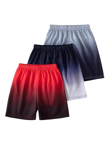 Miaeowve Kinder 3 STK Sport Shorts Sommer Sporthose Jungen Kurz Trainingsshose Farbverlauf Jogginghose Leggings Locker Slim Fit Marineblau & Rot & Grau 146-152 von Miaeowve