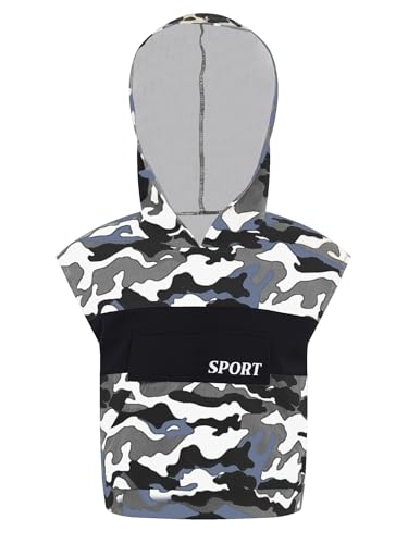 Miaeowve Kinder Junge Camouflage Sportshirt Ärmellos Kapuzenpullover Hoodie Oberteil Farbblock Patchwork Trainingsshirt Fitness Hellblau Grau 110-116 von Miaeowve