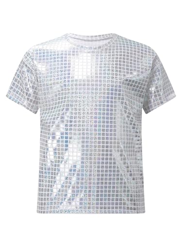 Miaeowve Kinder Junge Mädchen Sport Shirt Pailletten Glänzend Oberteil Rundhals Party Disco Tshirt Für Fasching Karneval Silber 146-152 von Miaeowve