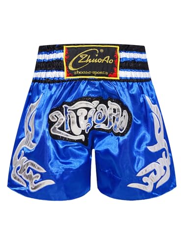 Miaeowve Kinder Junge Muay Thai Short Fighter Thaishorts Thaiboxen Hose Kickboxen Kurz Leggings Kickboxing Sportbekleidung Fitness Blau 146-152 von Miaeowve
