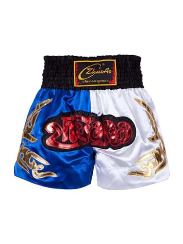 Miaeowve Kinder Junge Muay Thai Short Fighter Thaishorts Thaiboxen Hose Kickboxen Kurz Leggings Kickboxing Sportbekleidung Fitness Blau Weiss 134-140 von Miaeowve