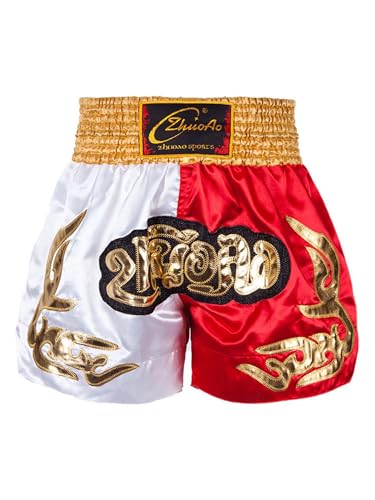 Miaeowve Kinder Junge Muay Thai Short Fighter Thaishorts Thaiboxen Hose Kickboxen Kurz Leggings Kickboxing Sportbekleidung Fitness Gelb & Weiß & Rot 134-140 von Miaeowve